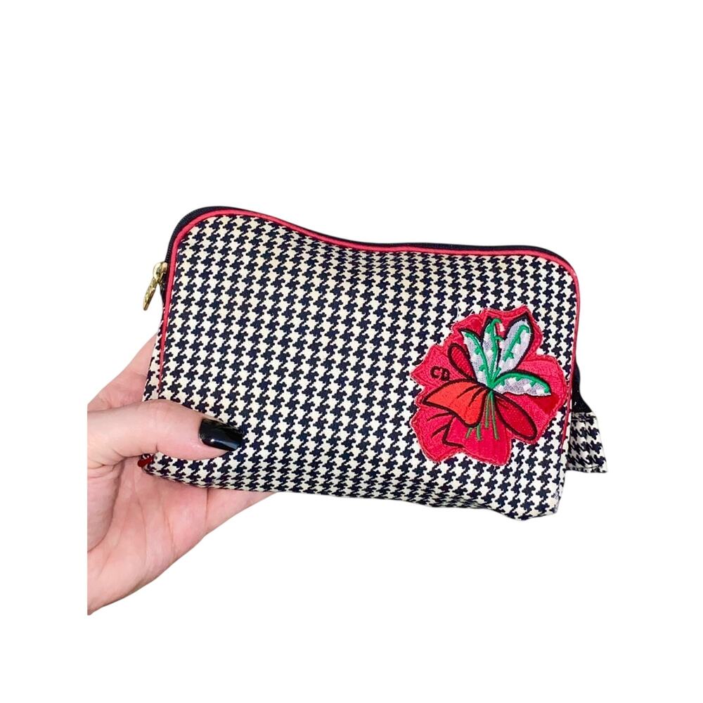 Christian Dior Vintage Houndstooth Red Flower Cosmetic Makeup Bag Clutch Pouch